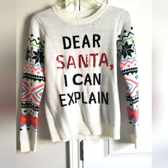 Ugly Christmas Sweater White Dear Santa I Can Explain with Sequins Sz S (3-5) - Picture 1 of 5